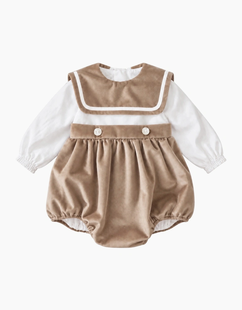 Boys Beige Velour Collared Romper