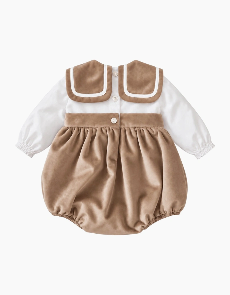 Boys Beige Velour Collared Romper