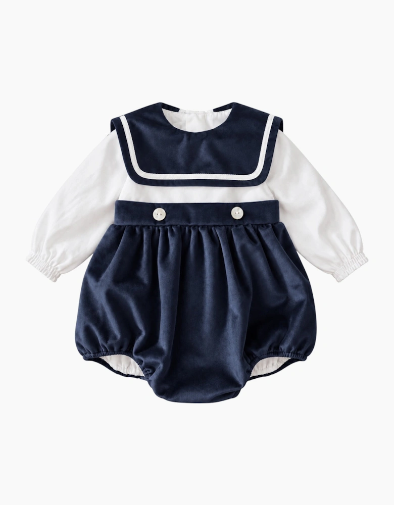 Boys Navy Velour Collared Romper