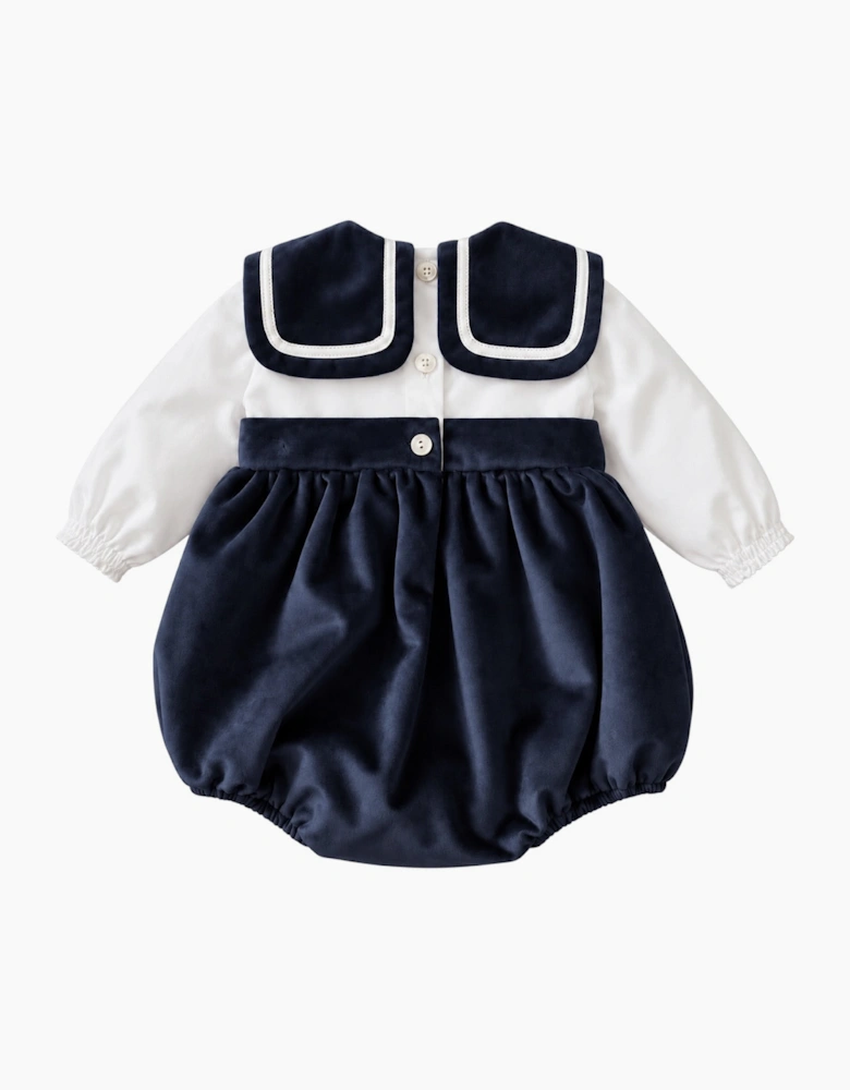Boys Navy Velour Collared Romper