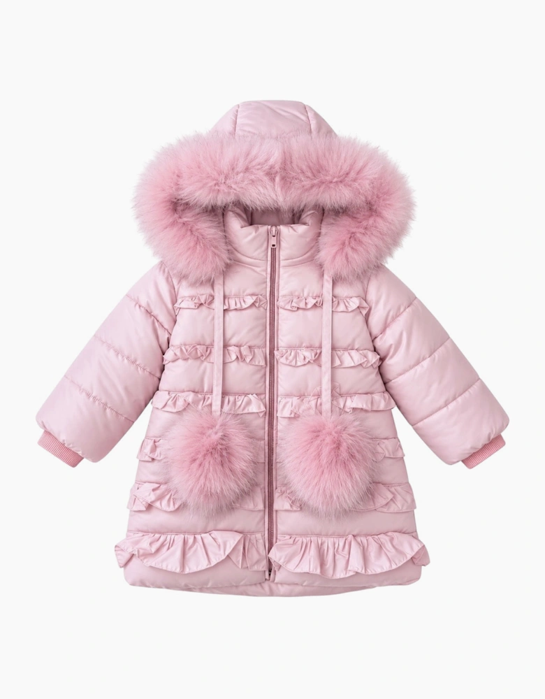 Girls Pale Pink Fur Trim Long Coat