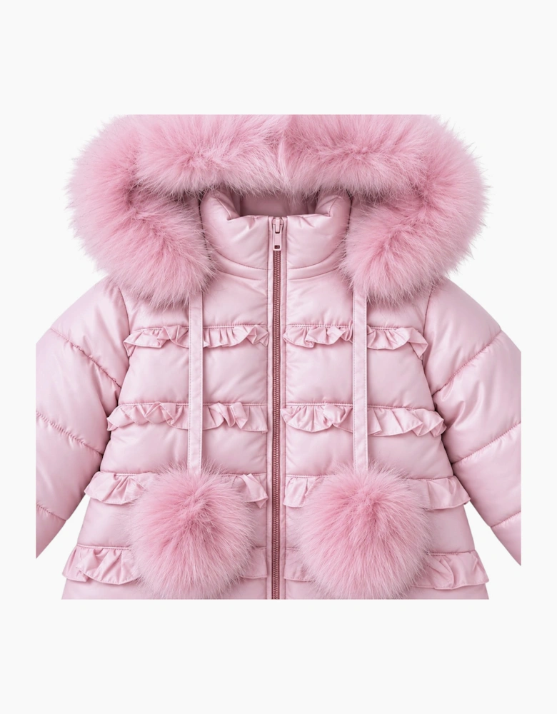 Girls Pale Pink Fur Trim Long Coat