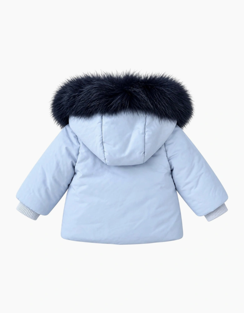 Boys Pale Blue and Navy Fur Trim Coat