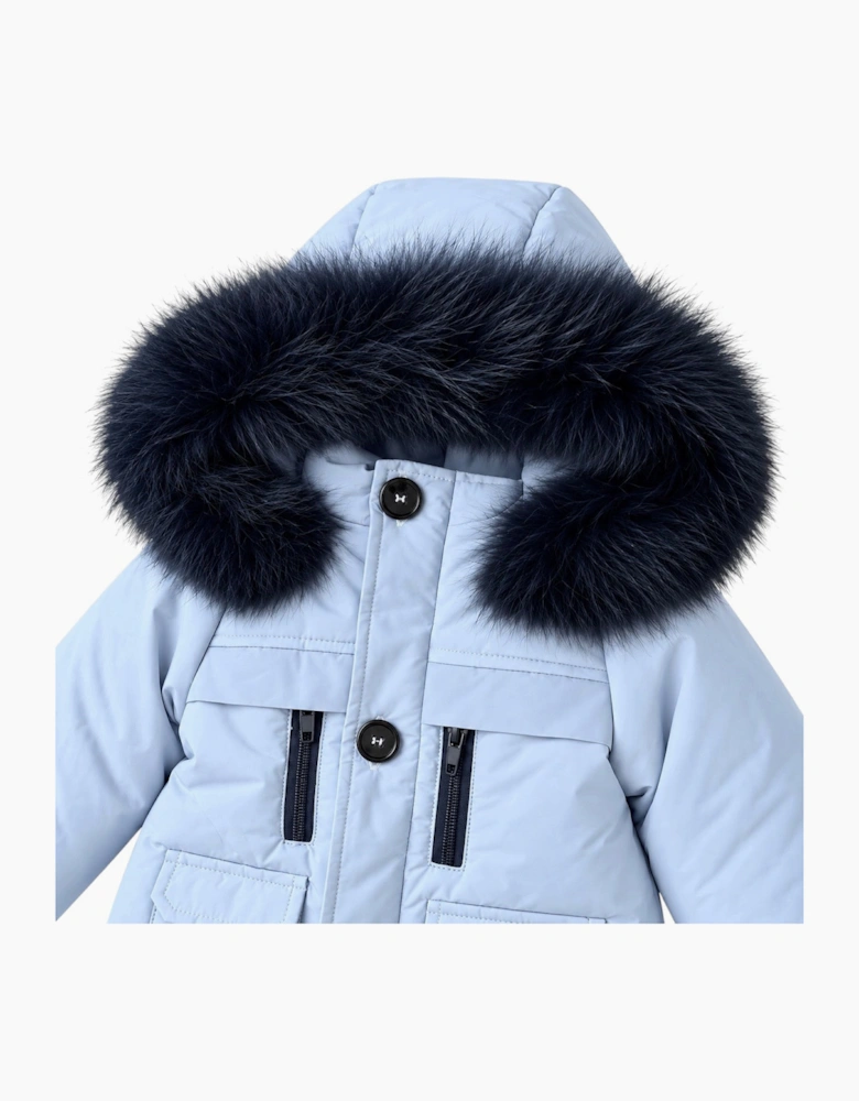 Boys Pale Blue and Navy Fur Trim Coat