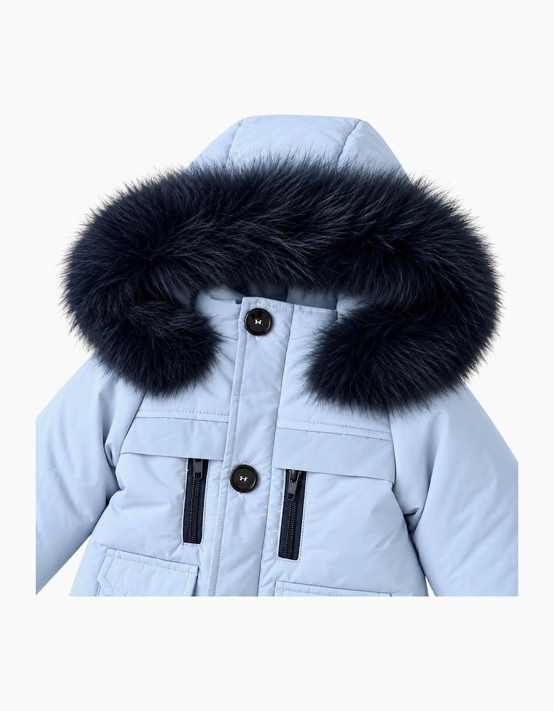 Boys Pale Blue and Navy Fur Trim Coat