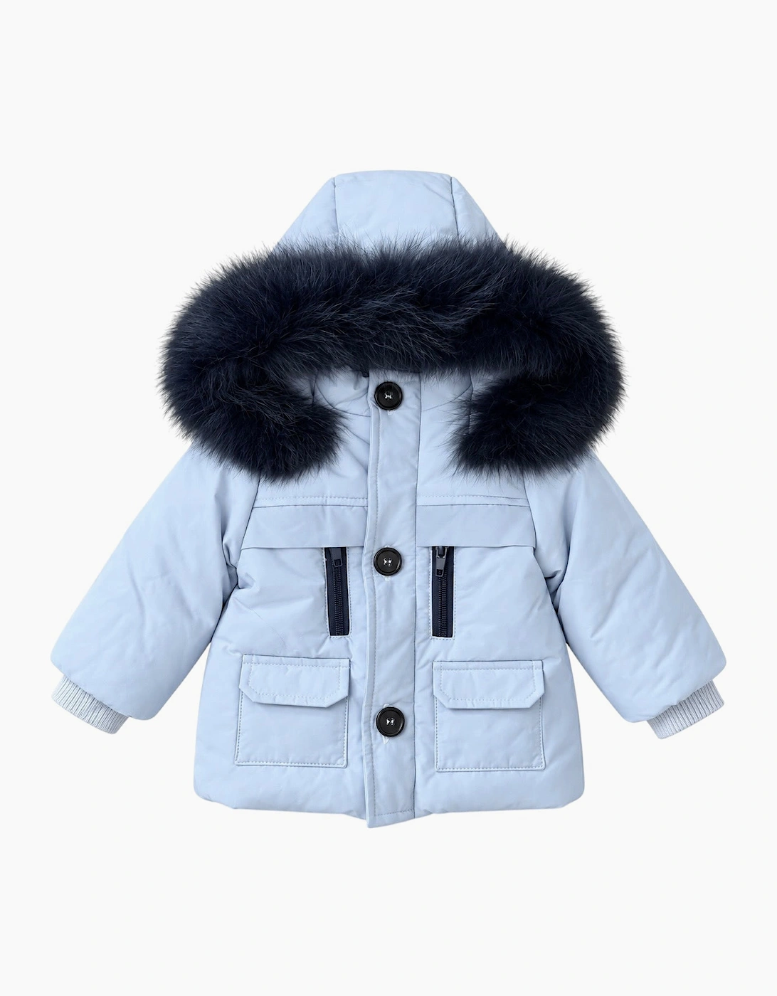 Boys Pale Blue and Navy Fur Trim Coat