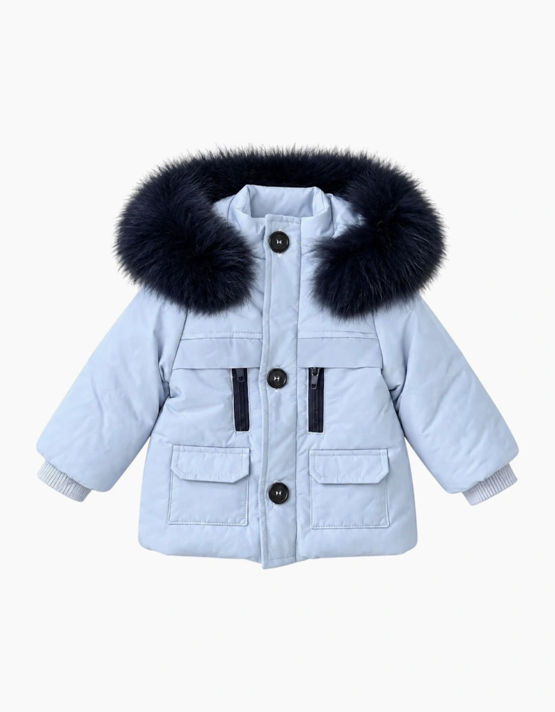 Boys Pale Blue and Navy Fur Trim Coat