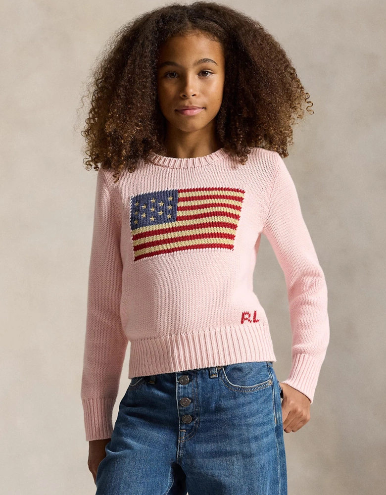 Ralph Lauren Girls USA Flag Jumper in Pink