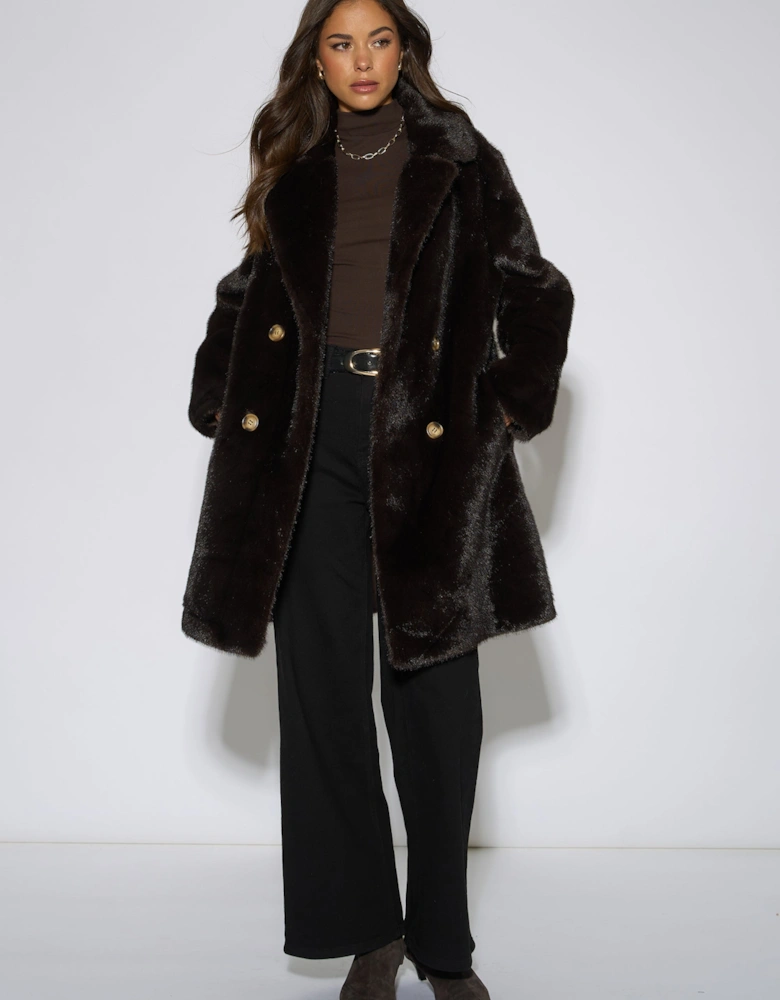 Bitter Chocolate Double Breasted Faux Fur Coat