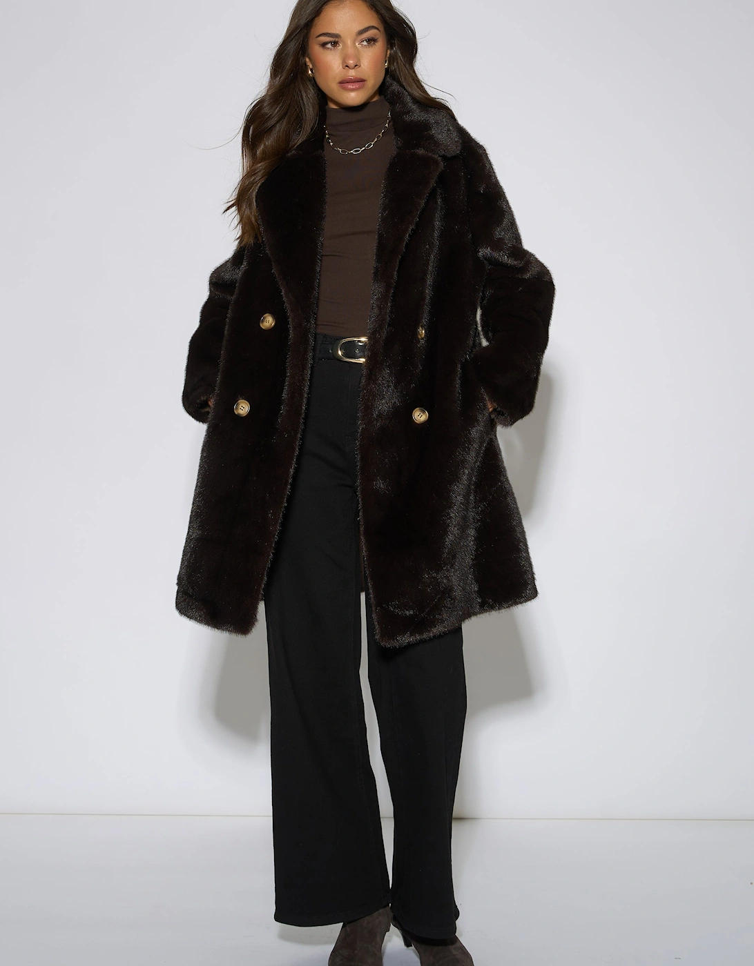 Bitter Chocolate Double Breasted Faux Fur Coat