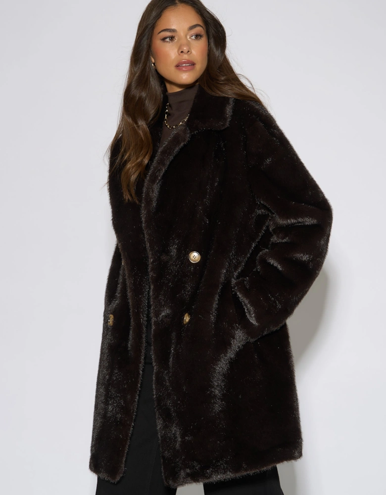 Bitter Chocolate Double Breasted Faux Fur Coat