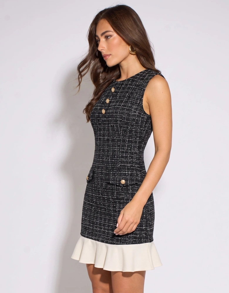 Black Boucle Contrast Satin Ruffle Mini Dress