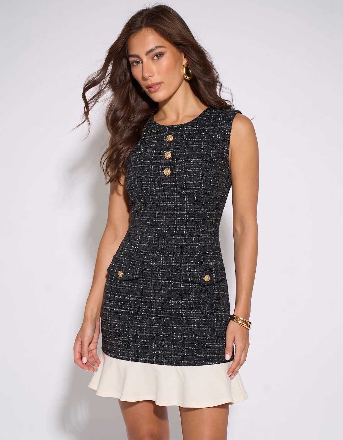 Black Boucle Contrast Satin Ruffle Mini Dress