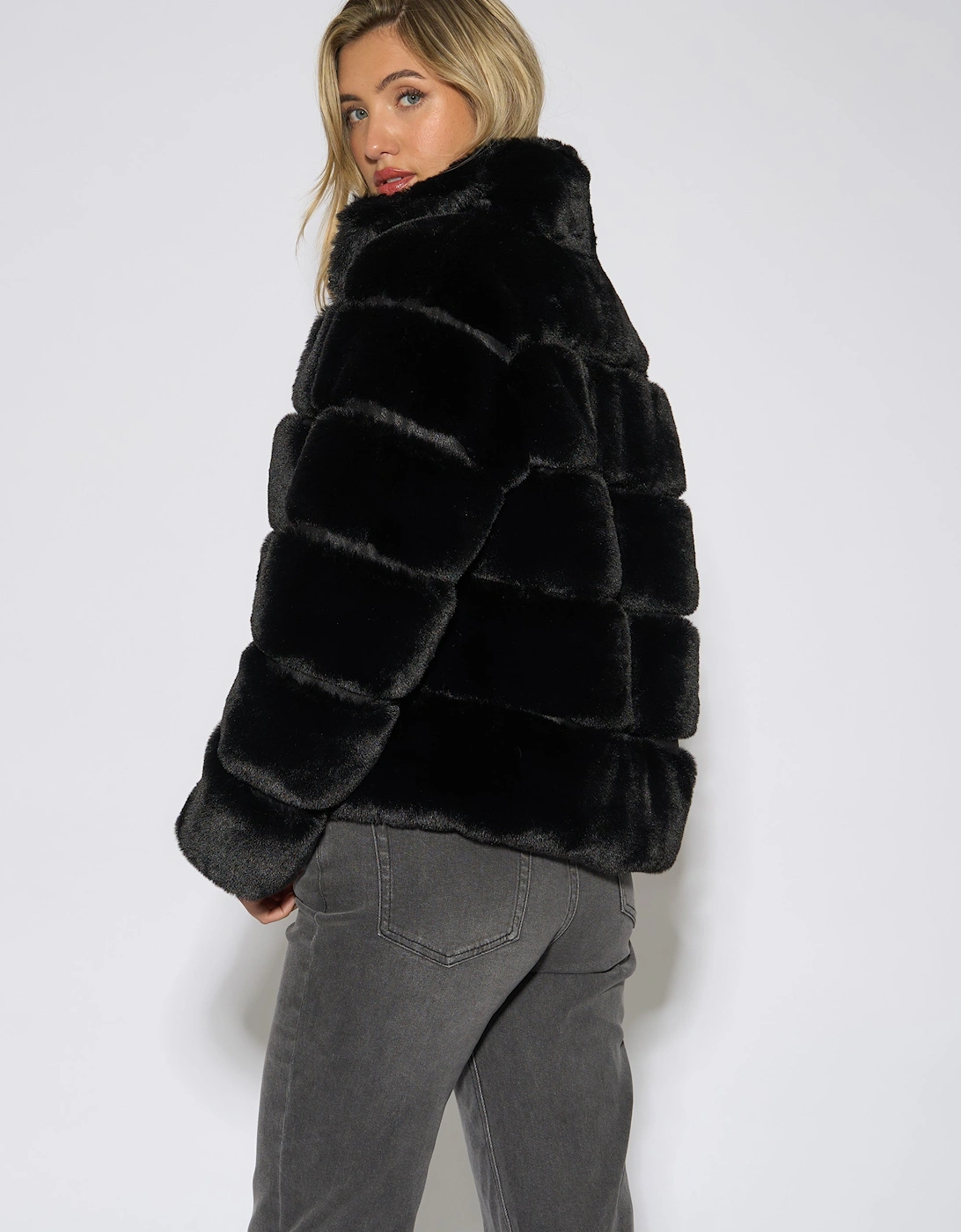 Black Panelled Funnel Neck Faux Fur Jacket