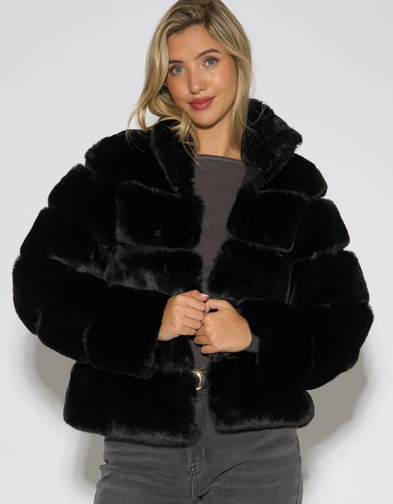 Black Panelled Funnel Neck Faux Fur Jacket