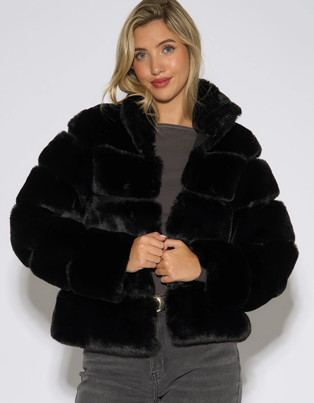 Gini London Women's Black Panelled Funnel Neck Faux Fur Jacket - Size: 8/10