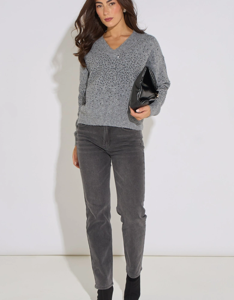 Grey Marl Recycled Polyester Mix Contrast Diamante Knit Jumper