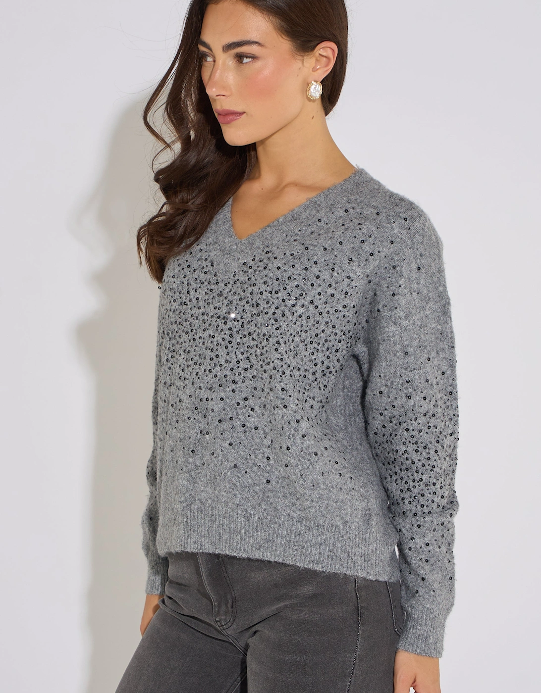 Grey Marl Recycled Polyester Mix Contrast Diamante Knit Jumper