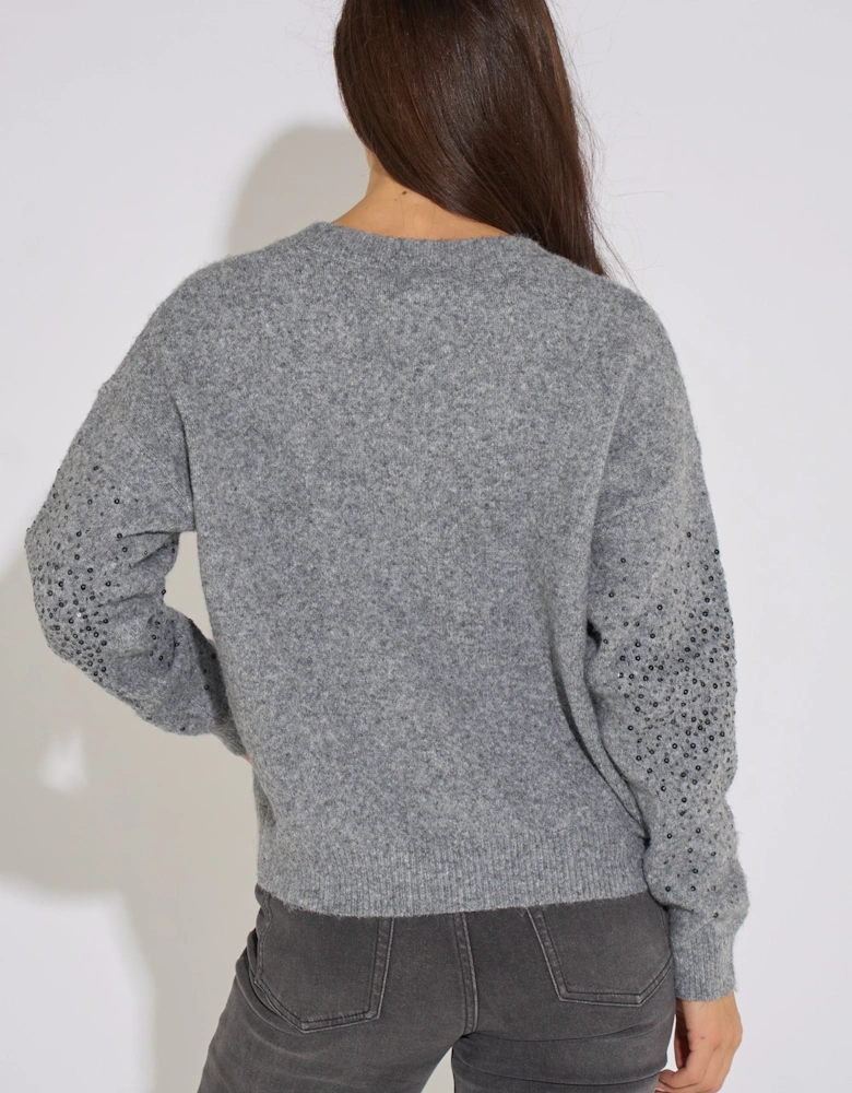 Grey Marl Recycled Polyester Mix Contrast Diamante Knit Jumper