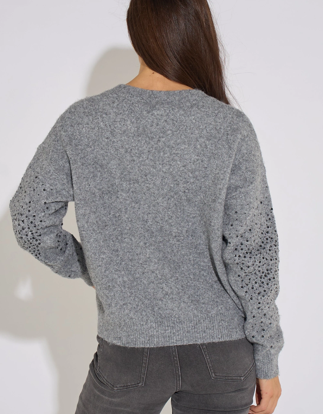 Grey Marl Recycled Polyester Mix Contrast Diamante Knit Jumper