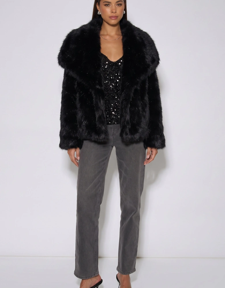 Black Ombre Lapel Faux Fur Jacket