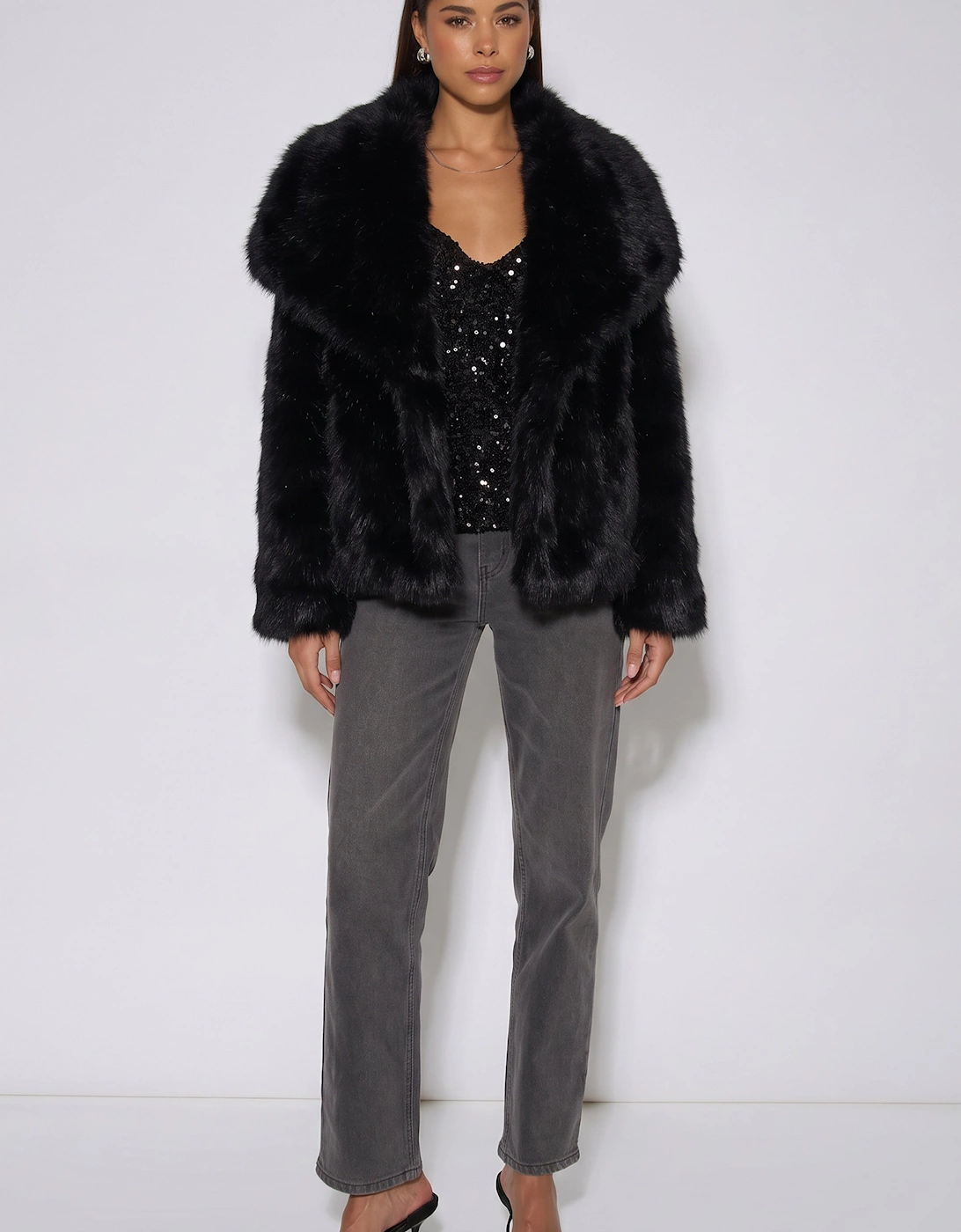 Black Ombre Lapel Faux Fur Jacket