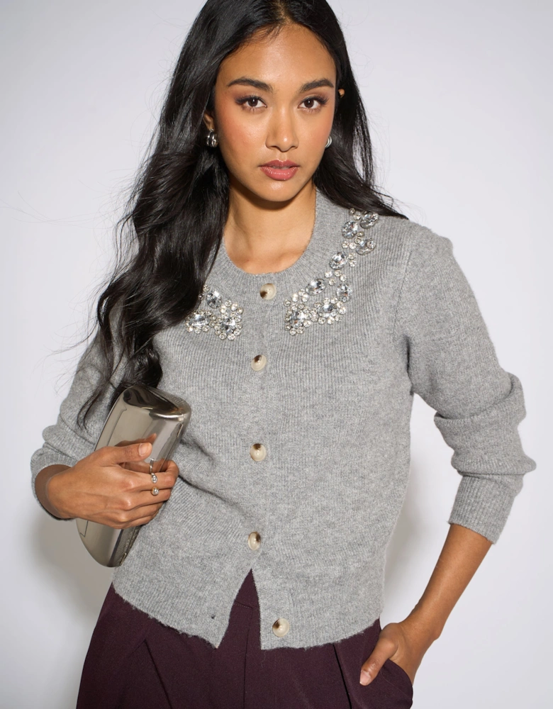 Grey Marl Diamante Embedded Knit Cardigan