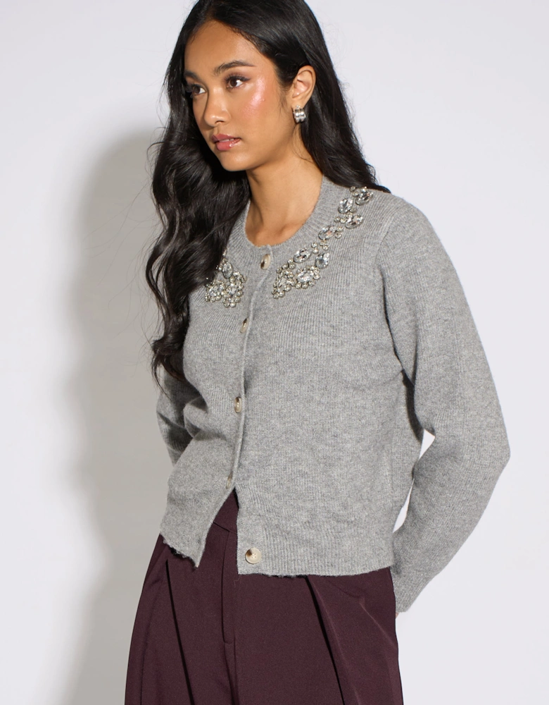 Grey Marl Diamante Embedded Knit Cardigan