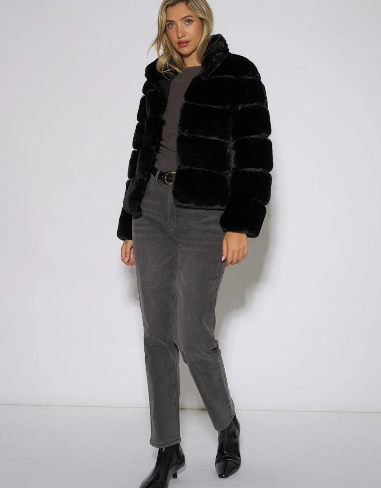 Black Panelled Funnel Neck Faux Fur Jacket
