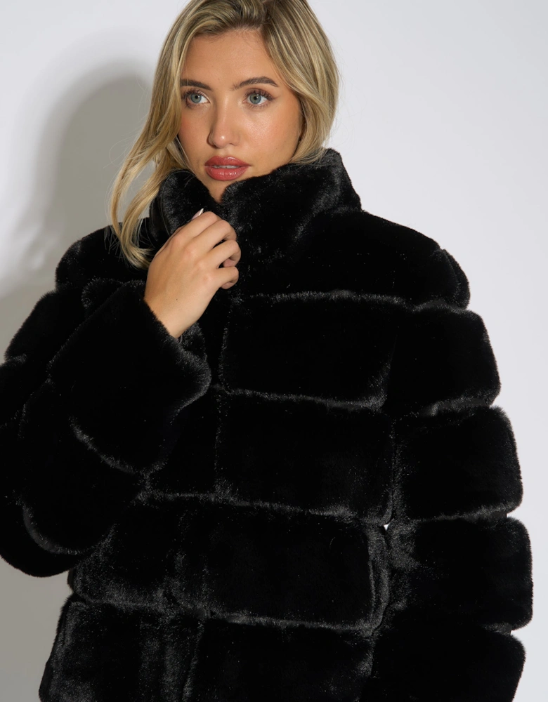 Black Panelled Funnel Neck Faux Fur Jacket