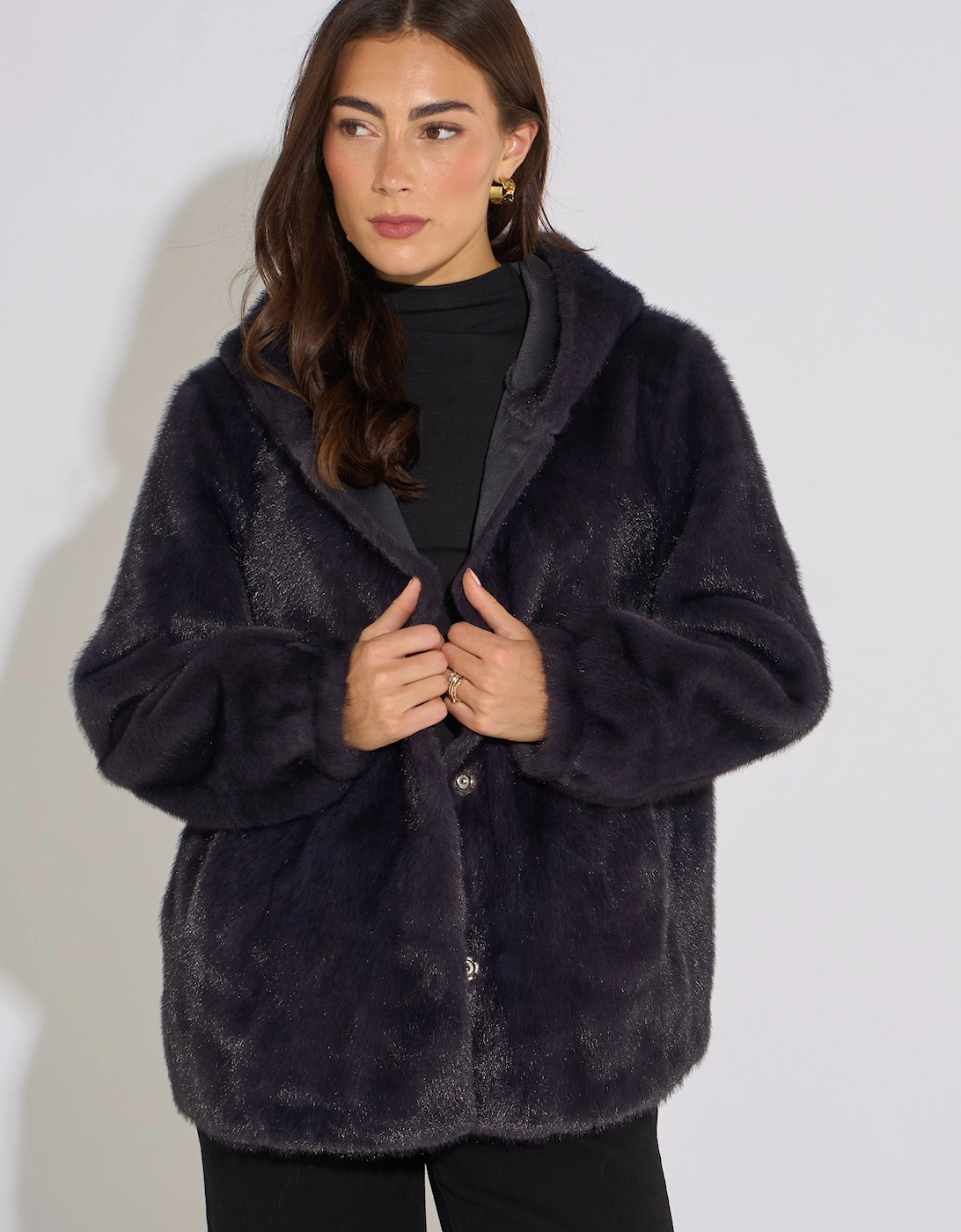 Charcoal Grey Hooded Faux Fur Mid Length Jacket