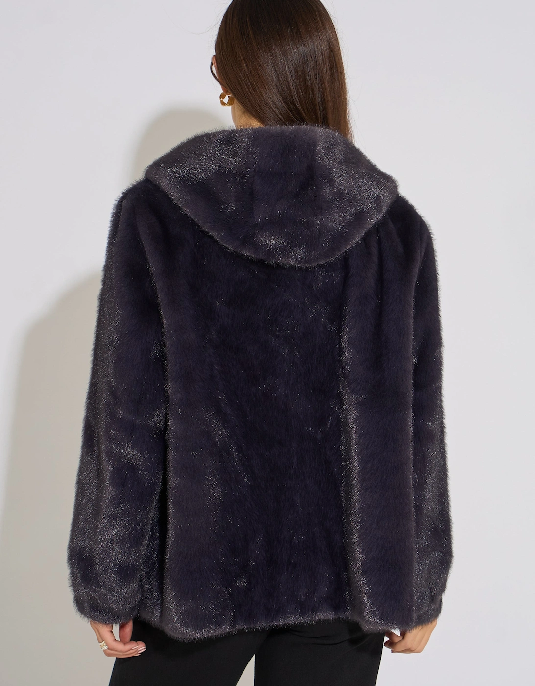 Charcoal Grey Hooded Faux Fur Mid Length Jacket
