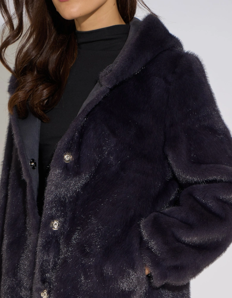 Charcoal Grey Hooded Faux Fur Mid Length Jacket
