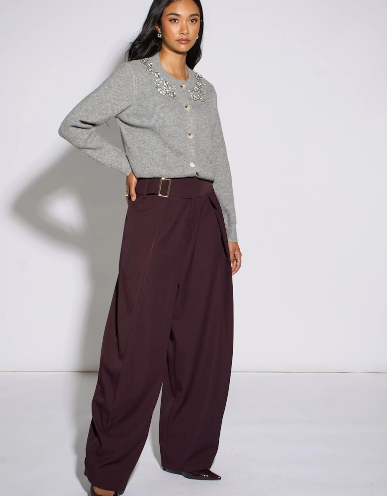Purple Pleat Buckle Detail Barrel Trousers