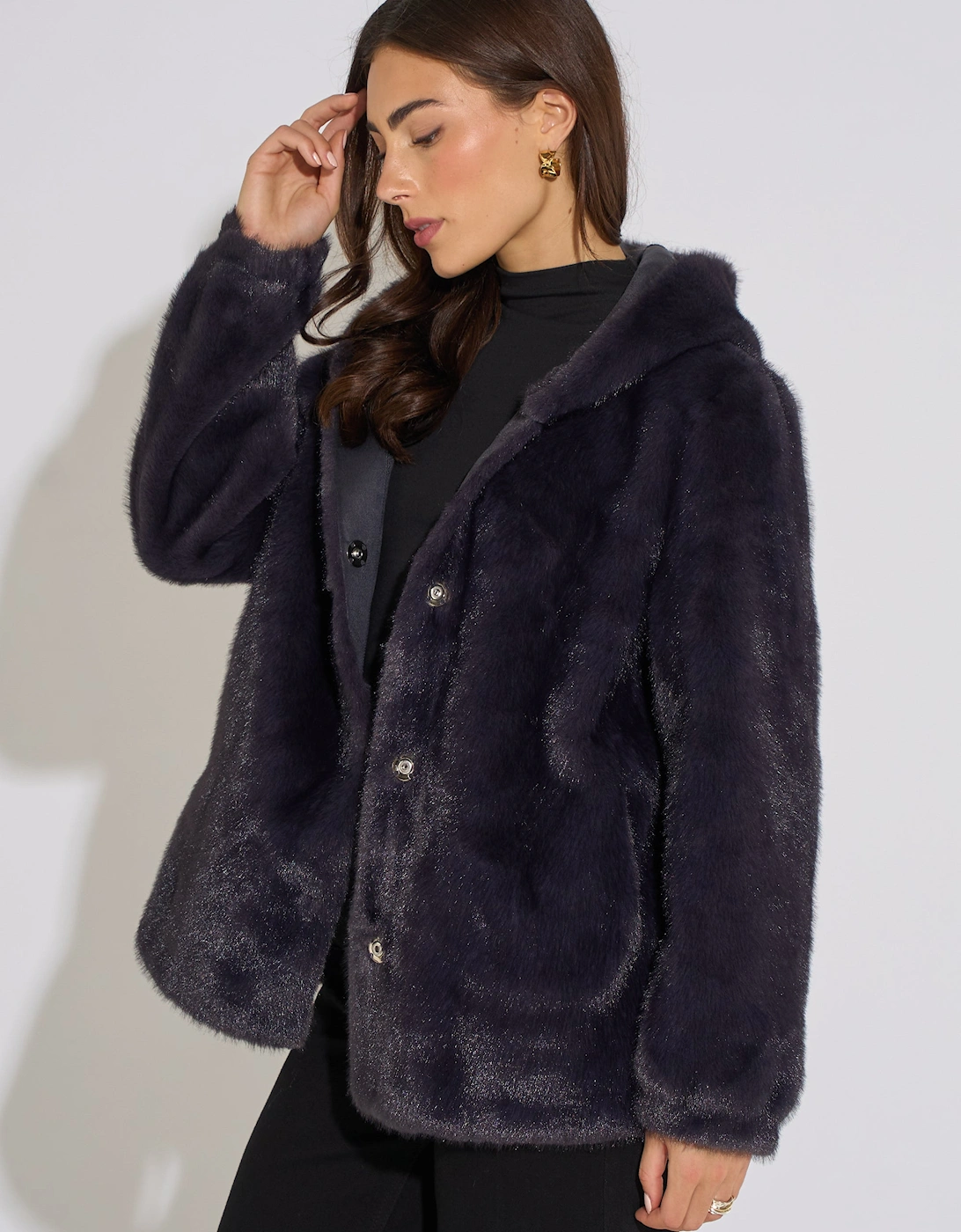 Charcoal Grey Hooded Faux Fur Mid Length Jacket