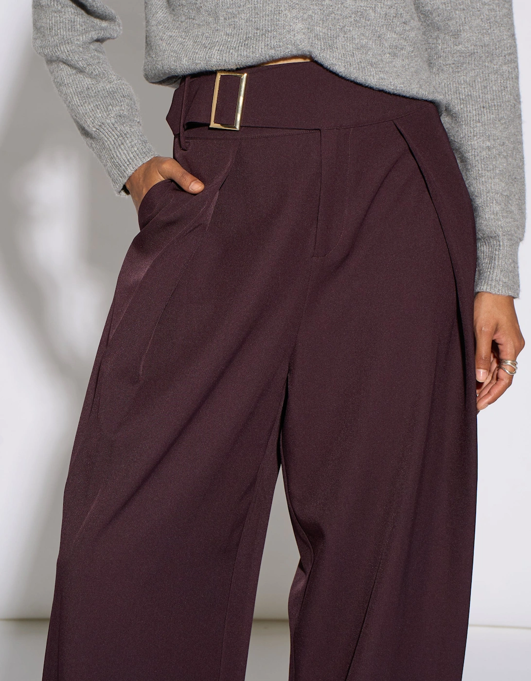 Purple Pleat Buckle Detail Barrel Trousers