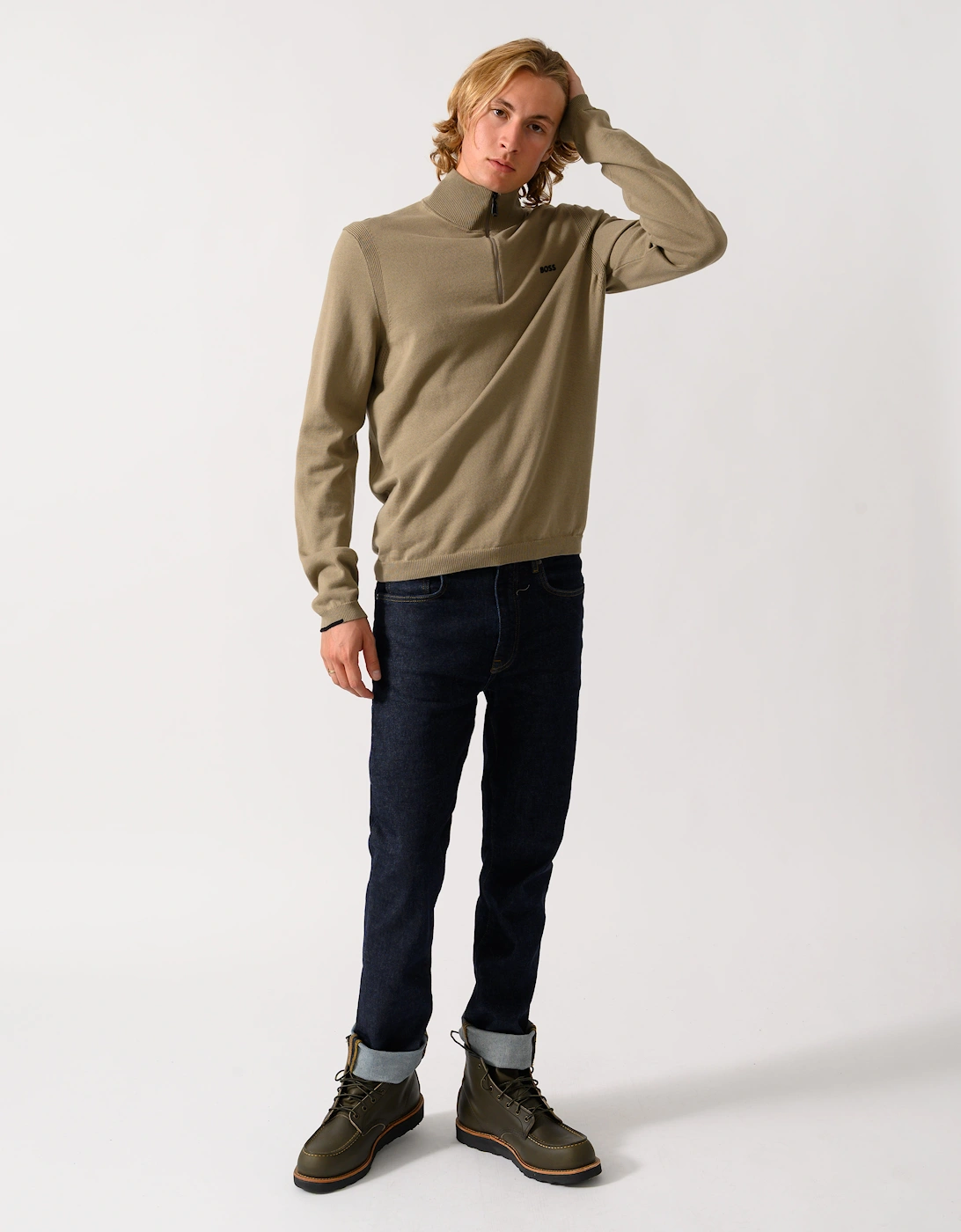 BOSS Green Ever-X Mens Cotton sweater with quarter zip - Light/Pastel Green 334