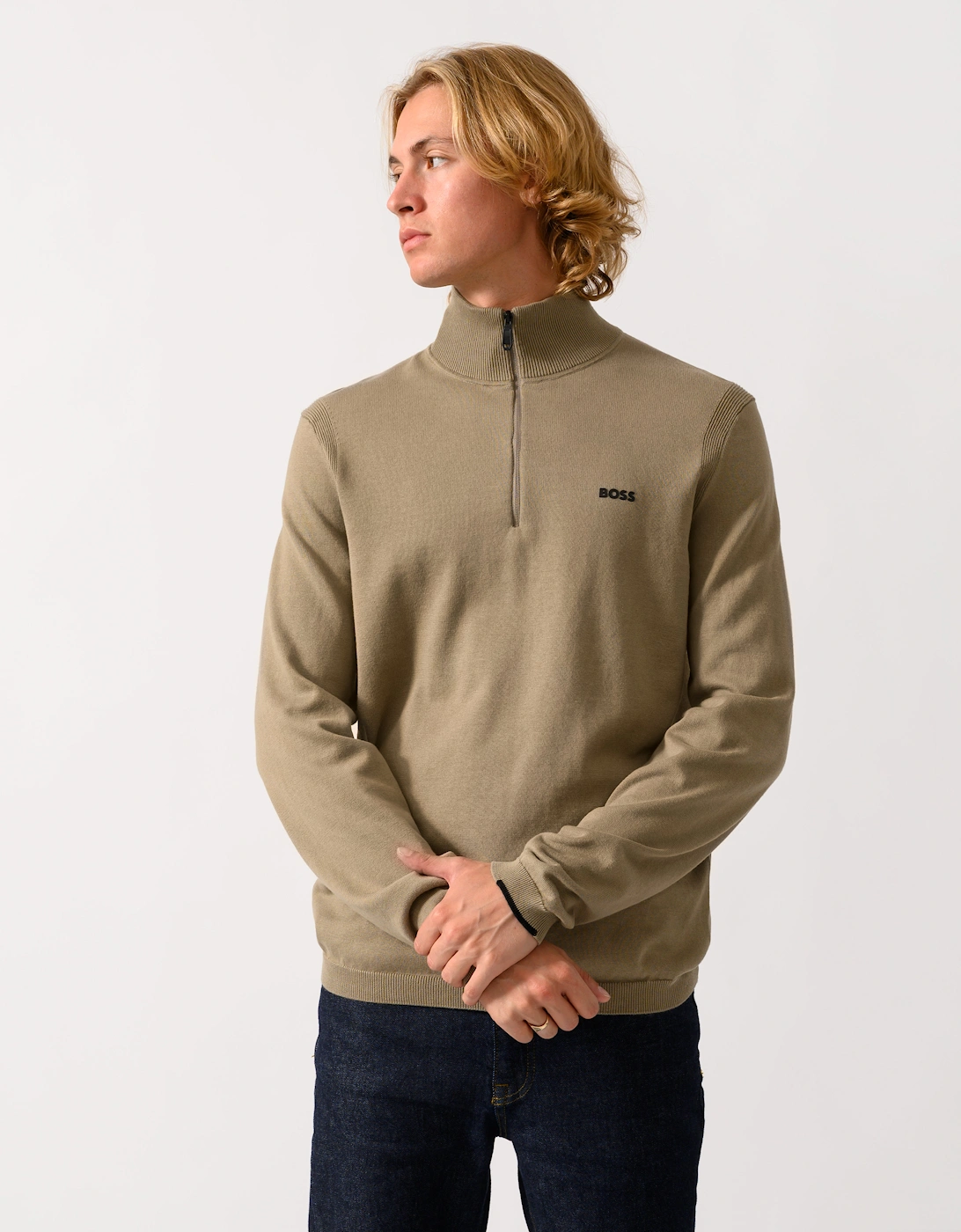 BOSS Green Ever-X Mens Cotton sweater with quarter zip - Light/Pastel Green 334
