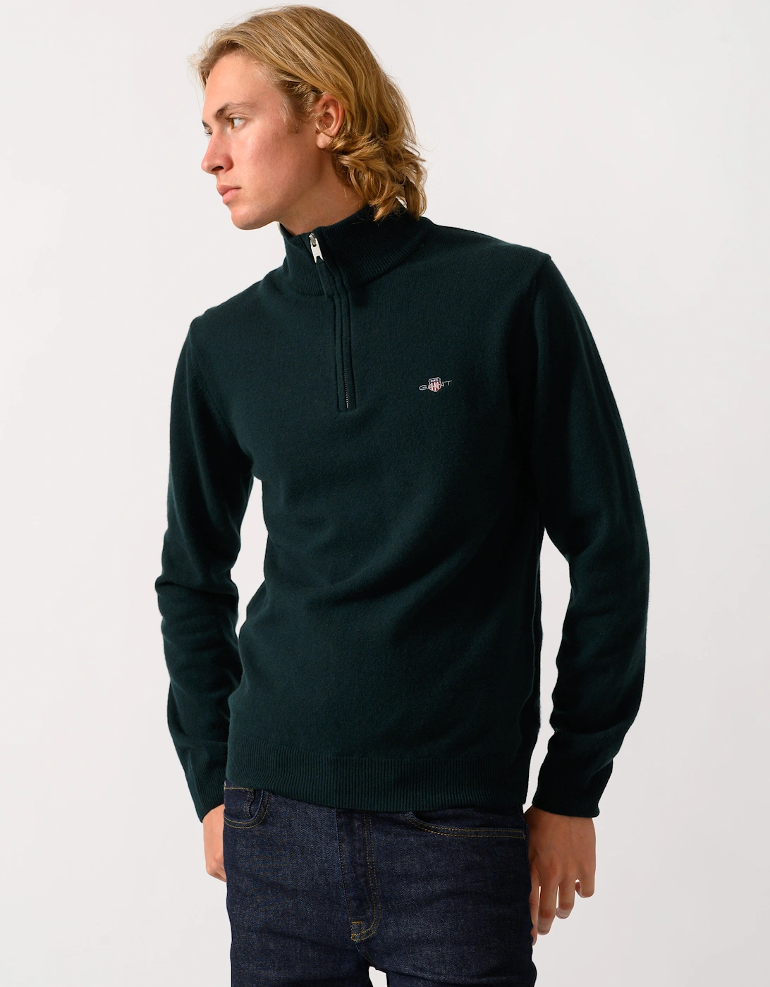 GANT Mens Superfine Lambswool Half Zip Sweater - 374 Tartan Green