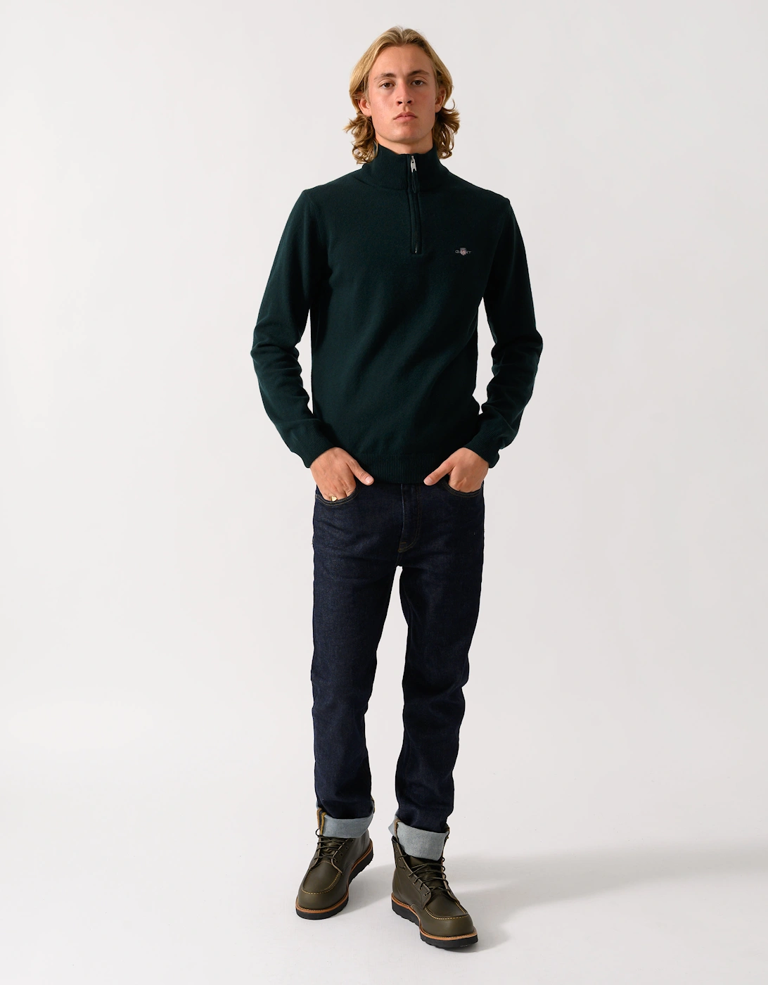 GANT Mens Superfine Lambswool Half Zip Sweater - 374 Tartan Green