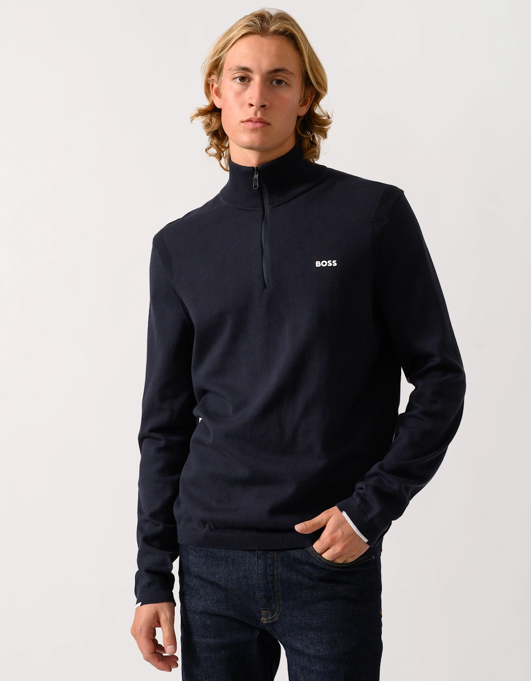 Men's BOSS Green Ever-X Mens Cotton sweater with quarter zip - Dark Blue 402 - Navy - Size: 42