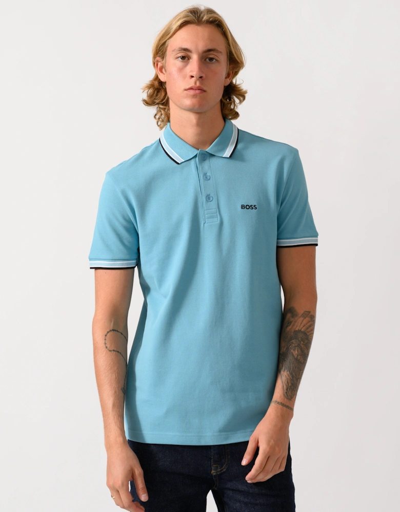 BOSS Green Paddy Mens Cotton-Piqué Polo Shirt with Contrast Logo  - Open Blue 486