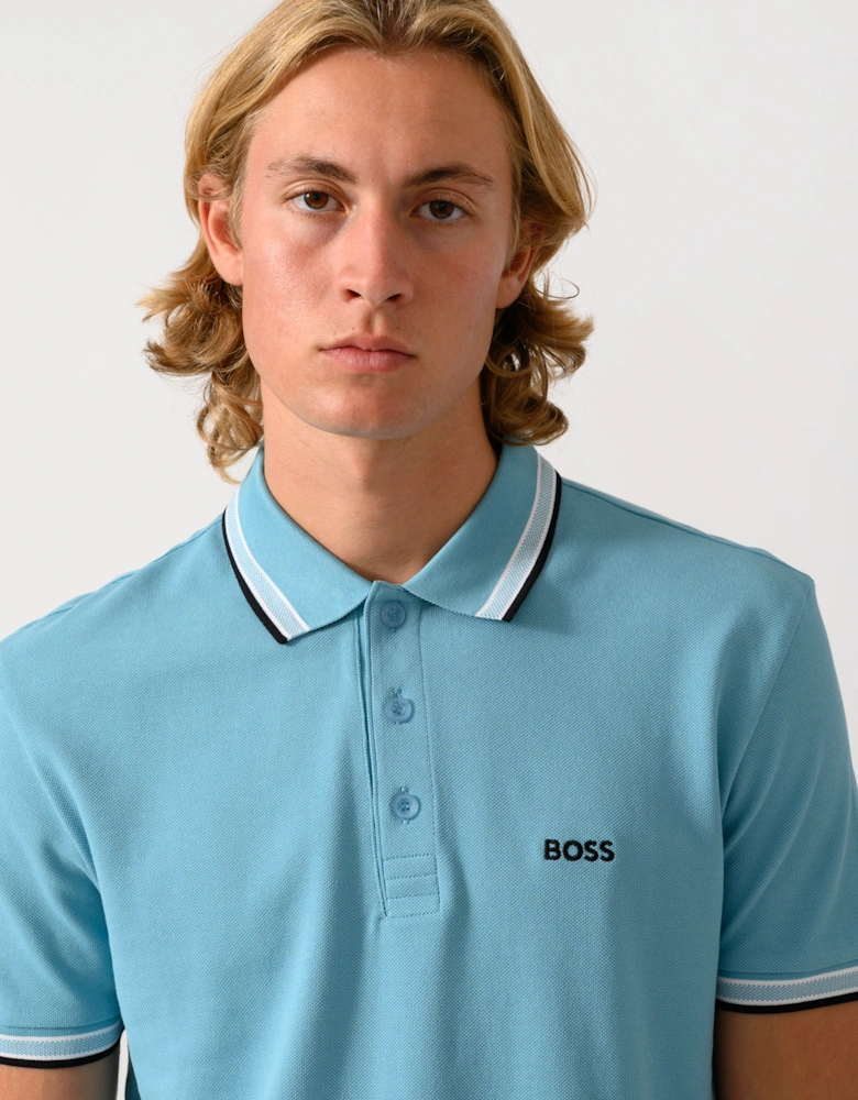 BOSS Green Paddy Mens Cotton-Piqué Polo Shirt with Contrast Logo  - Open Blue 486