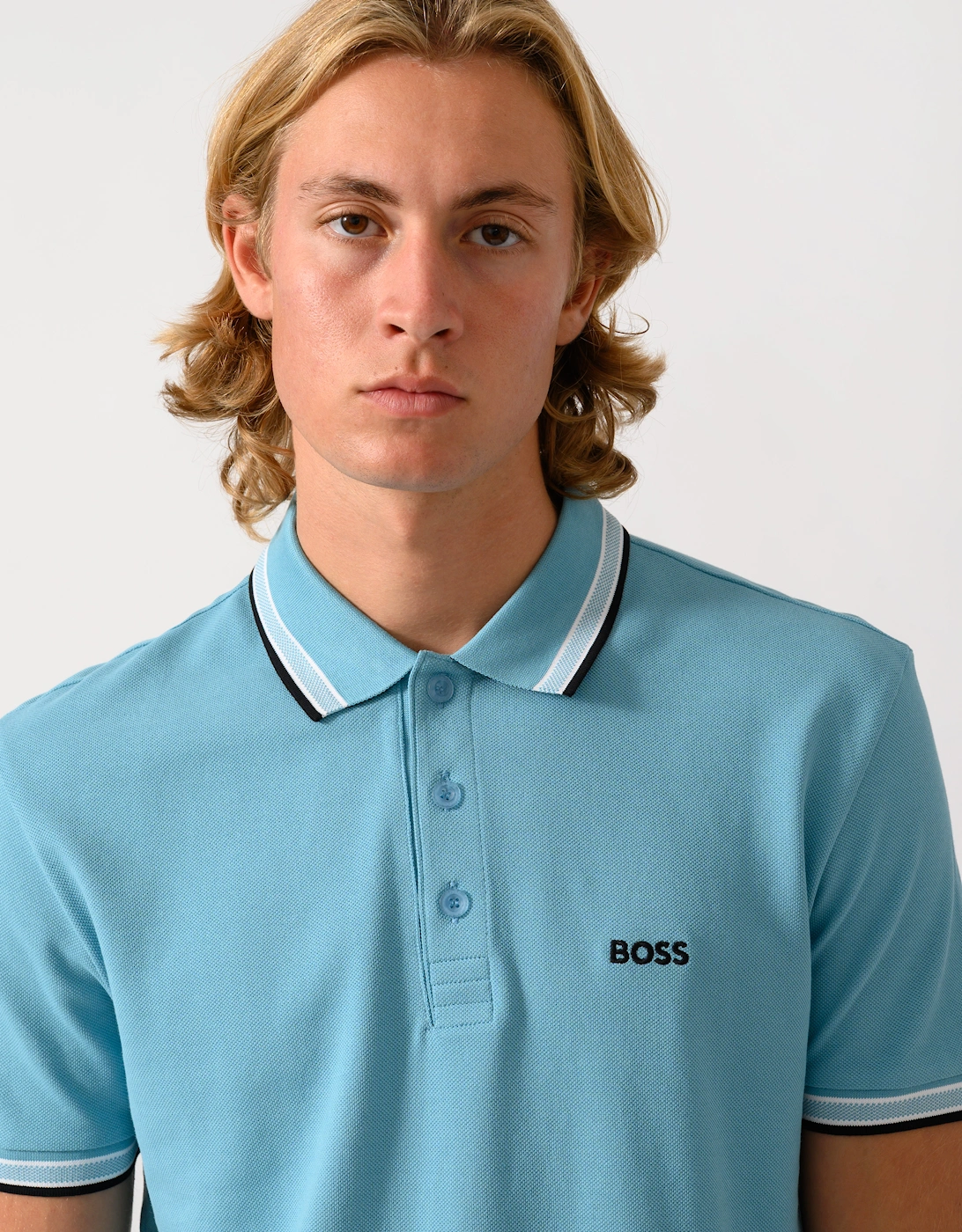 BOSS Green Paddy Mens Cotton-Piqué Polo Shirt with Contrast Logo  - Open Blue 486