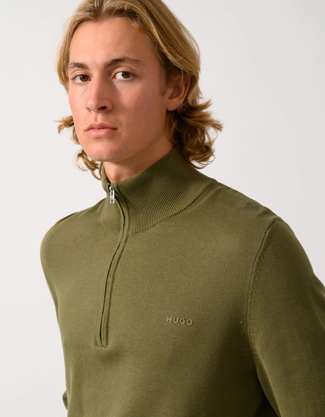 HUGO San Quintus-C2 Mens 1/4 Zip Funnel Neck Jumper - Open Green 389