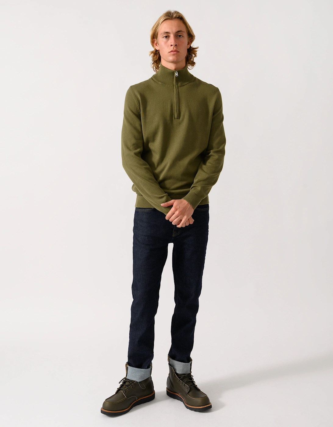 HUGO San Quintus-C2 Mens 1/4 Zip Funnel Neck Jumper - Open Green 389