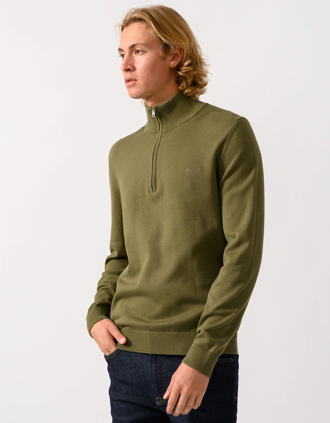 HUGO San Quintus-C2 Mens 1/4 Zip Funnel Neck Jumper - Open Green 389