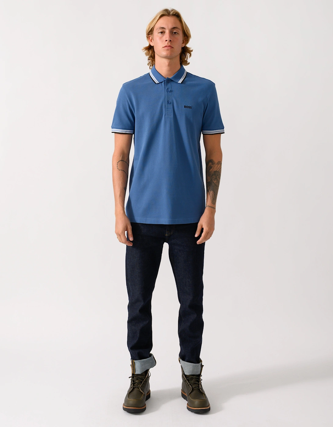 BOSS Green Paddy Mens Cotton-Piqué Polo Shirt with Contrast Logo  - Medium Blue 428