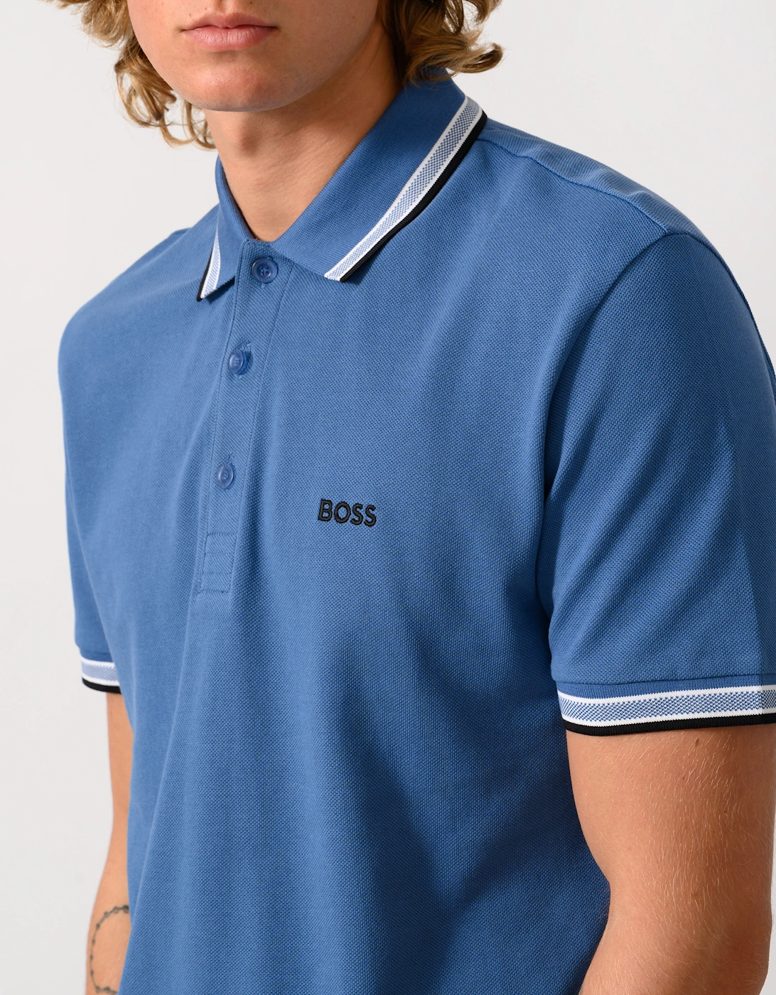 BOSS Green Paddy Mens Cotton-Piqué Polo Shirt with Contrast Logo  - Medium Blue 428