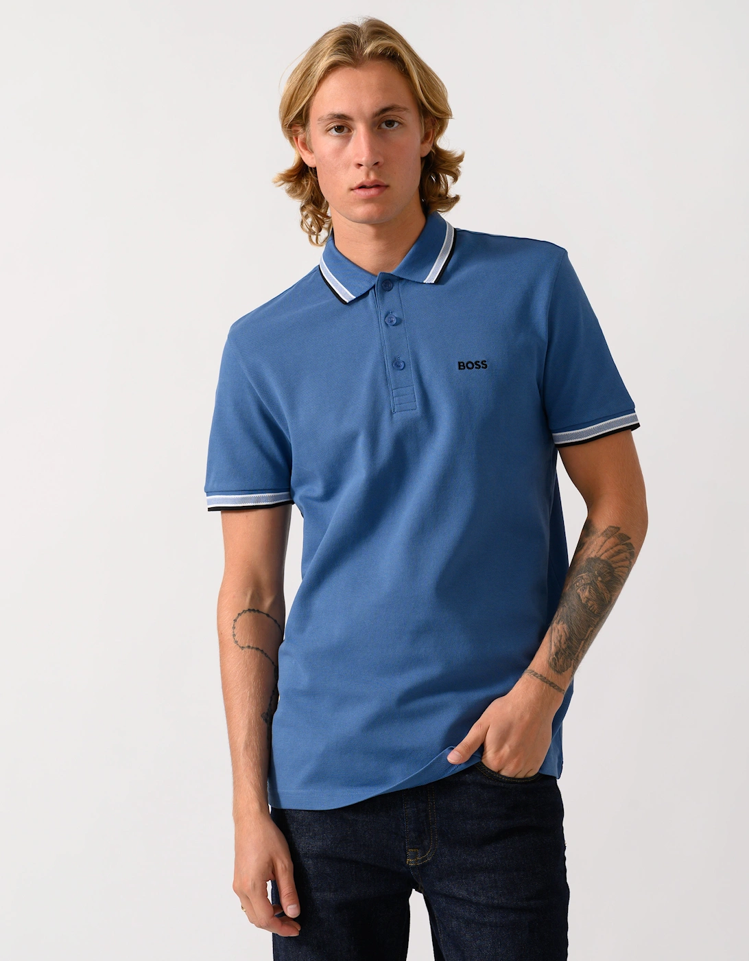BOSS Green Paddy Mens Cotton-Piqué Polo Shirt with Contrast Logo  - Medium Blue 428